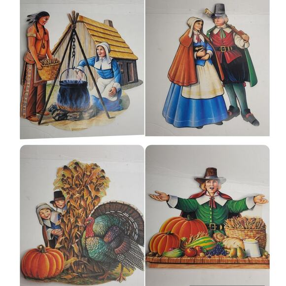 Biestle Paper Co. 1990 Thanksgiving Decorations Pilgrims Turnkey Native American - Picture 1 of 11
